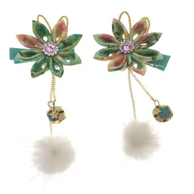 1pair Classical Hair Clips Floral Pompom Tassel Hair Clip Vintage Hair Pin Hanfu Hair Barrette Hair Accessories for Women Girls Ladies (Green)