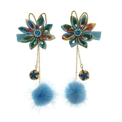1pair Classical Hair Clips Floral Pompom Tassel Hair Clip Vintage Hair Pin Hanfu Hair Barrette Hair Accessories for Women Girls Ladies (Blue)
