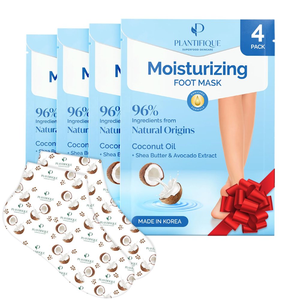 PLANTIFIQUE Korean Foot Mask with Shea Butter 4 Pairs box for Dry & Cracked Feet | Hydrating Socks for Soft Heels | Intense Moisturizing and Repairing Dry Rough Skin | Foot Spa | Happy Feet Mask