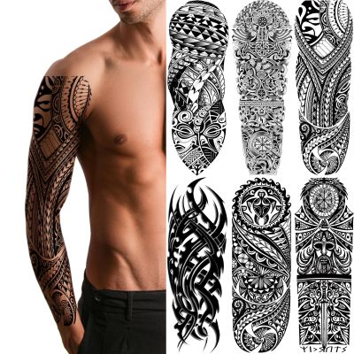 Totem Tribal Temporary Tattoo Sleeves, Full Arm Large Polynesian Hawaiian Tribal Fake Tattoos Sleeve For Men Women Adult, Black Viking Maori Temp Tatoo Sticker Leg Body Art Makeup, 6-Sheet