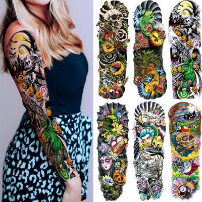 Colorful Realistic Temporary Tattoo Sleeves For Kid, Full Arm Large Skull Fish Watercolor Fake Sleeve Tattoos Kid Women, Halloween Pumpkin Temp Tatoo Sticker Boy Girl Party Body Art Makeup, 6-Sheet