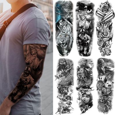 Military Temporary Tattoo Sleeves, Full Arm Large War Soldier Fake Tattoos Sleeve For Men Women Adult, Black Long Lasting Patriotic Warrior Temp Tatoo Sticker Leg Body Art Makeup, 6-Sheet