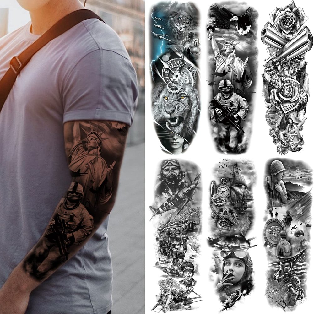 Military Temporary Tattoo Sleeves, Full Arm Large War Soldier Fake Tattoos Sleeve For Men Women Adult, Black Long Lasting Patriotic Warrior Temp Tatoo Sticker Leg Body Art Makeup, 6-Sheet