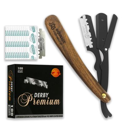 WOODEN HANDLE - BLACK RAZOR AND BLACK DERBY BLADES