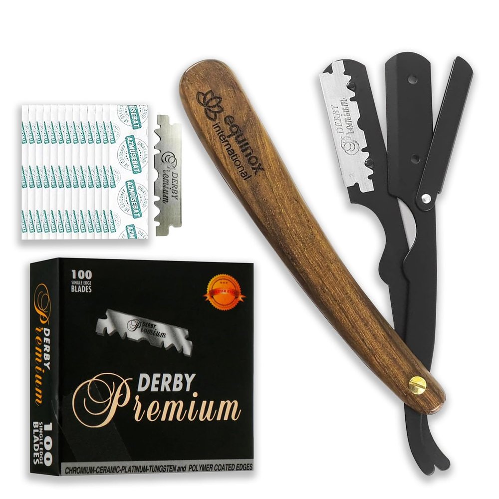 WOODEN HANDLE - BLACK RAZOR AND BLACK DERBY BLADES