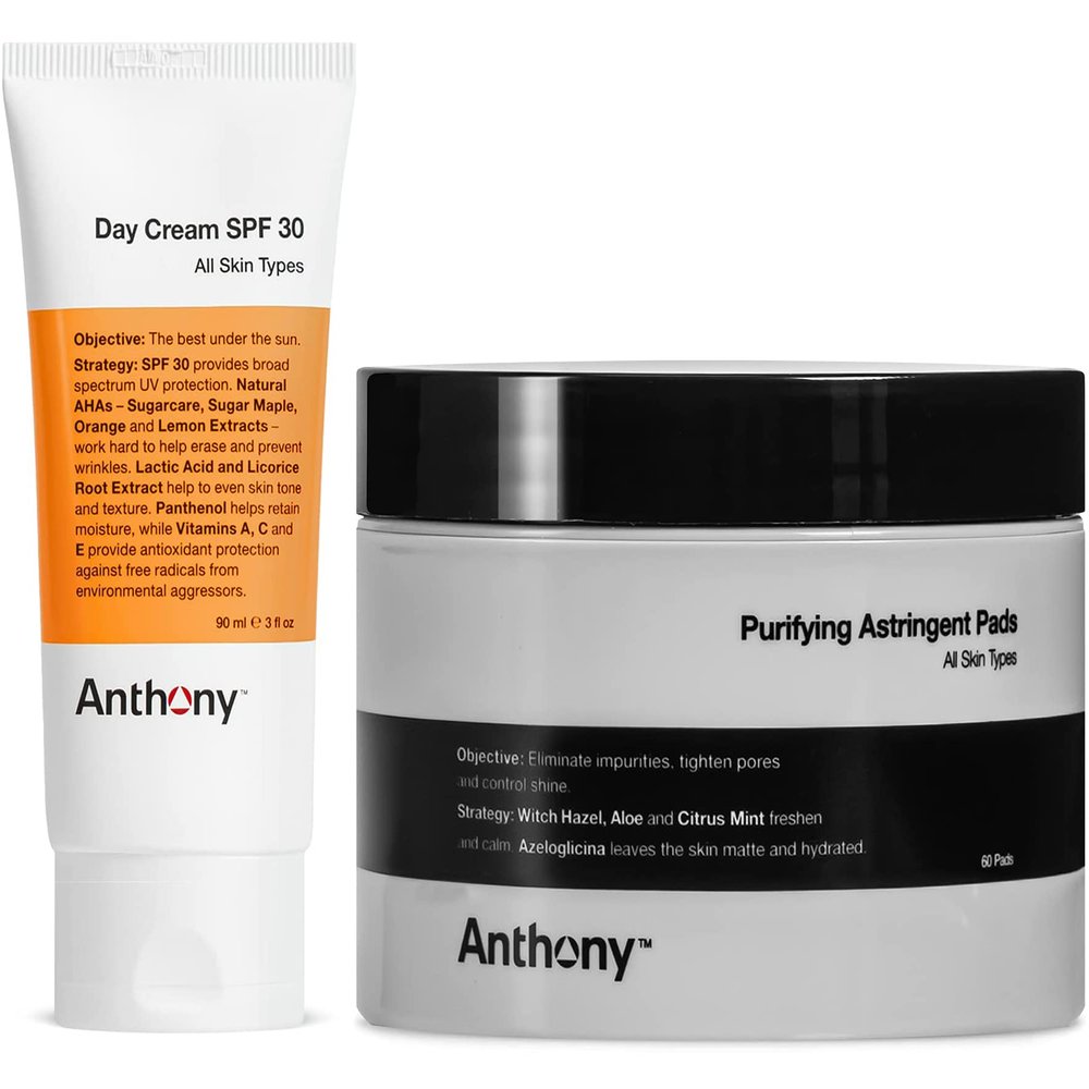 Anthony Day Cream SPF 30 Mens Face Moisturizer with Sunscreen 3 Fl Oz Witch Hazel Pads Pore Cleaner: 60 Count, Purifying Astringent Cleansing Toner Pads
