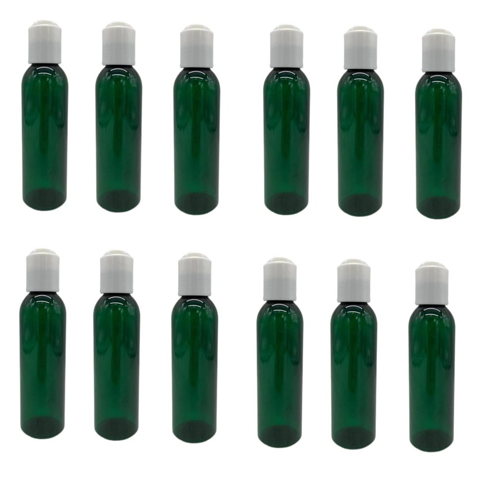 Natural Farms 4 oz Green Cosmo Plastic Bottles -12 Pack Empty Bottle Refillable - BPA Free - Essential Oils - Aromatherapy | White Press Down Disc Cap - Made in the USA