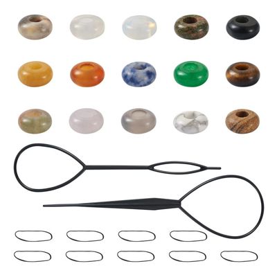 Fashewelry Hair Braid Set Including 30pcs 10mm Mixed Natural Stone Large Hole Rondelle Beads 4mm Hole & 200pcs Disposable Rubber Bands & 2pcs Topsy Hair Tail Tools for Women Girl Braid Hair Styling