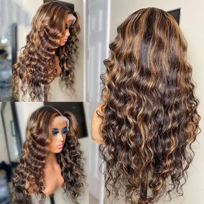 Imeya 4/27 Piano Ombre Color Highlight Deep Wave 150% Density 16 Inch Transparent Lace Front Wig Pre Plucked Human hair 13X6 Lace Front Human Hair Wigs Brazilian Loose Wave Wig (4/27 Highlight Color)