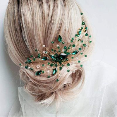 Aimimier Bridal Green Crystal Hair Comb Emerald Rhinestone Hair Vine Prom Party Festival Wedding Hair Accessories for Women (Gold)