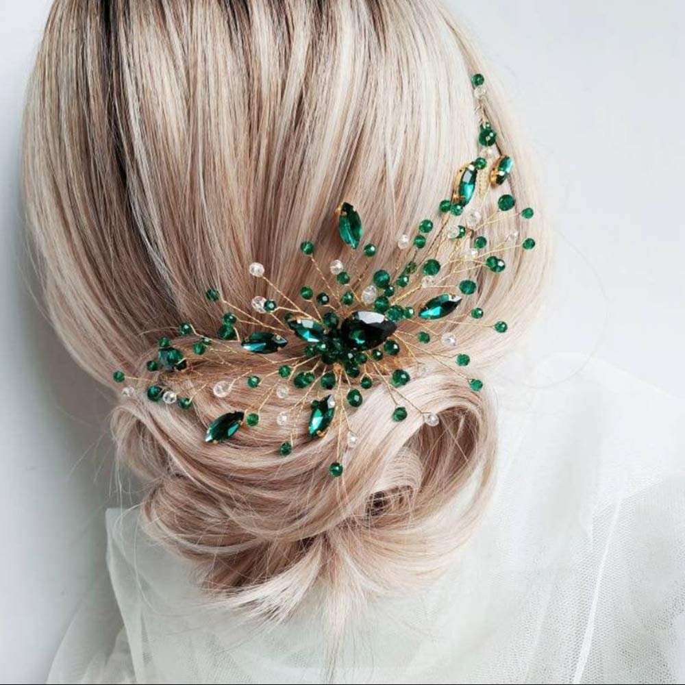 Aimimier Bridal Green Crystal Hair Comb Emerald Rhinestone Hair Vine Prom Party Festival Wedding Hair Accessories for Women (Gold)