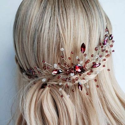 Aimimier Bridal Red Crystal Hair Comb Ruby Hair Comb Silver Headband Prom Party Festival Wedding Hair Accessories for Women (Red)