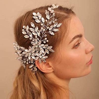 Teyglen Women's Large Shiny Rhinestones Flower Crystal Pearls Luxurious Bridal Hair Comb Headband, Silver