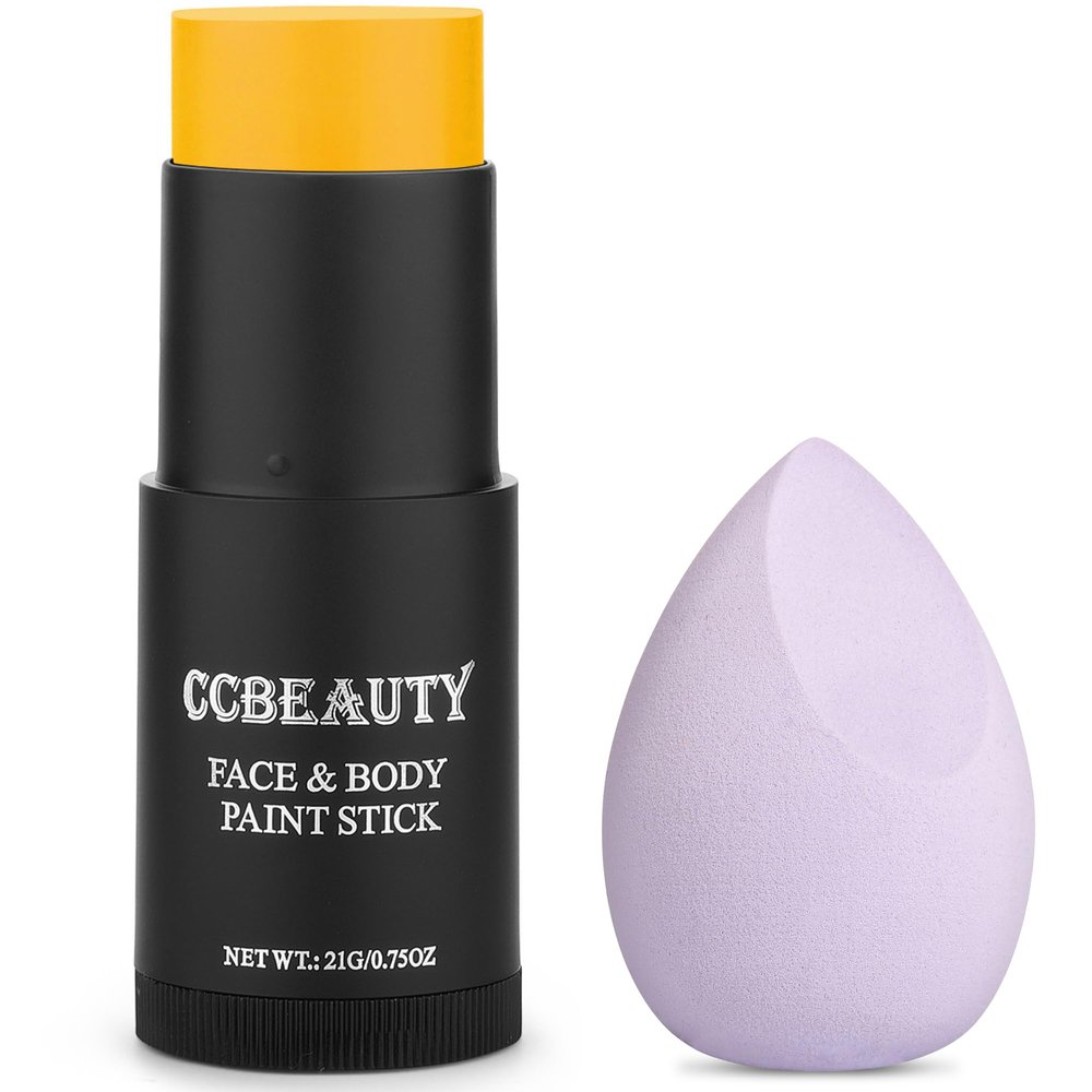 CCbeauty Yellow Face Paint Stick,Face Painting Kit,Non Toxic SFX Makeup For Simpsons Animal Halloween Costume Cosplay,Professional FX Body Paint,Full Coverage Painting Foundation With Makeup Sponge
