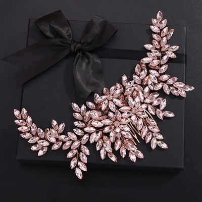 Teyglen Women's Dainty Large Rhinestones Flower Bridal Hair Comb Headband - Luxurious Shiny Crystals Side Hair Accessory for Brides and Girls (Rose Gold-Pink Rhinestones)