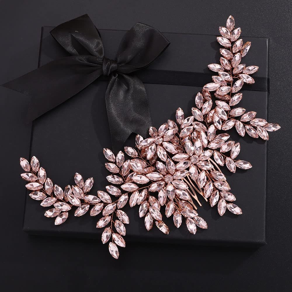 Teyglen Women's Dainty Large Rhinestones Flower Bridal Hair Comb Headband - Luxurious Shiny Crystals Side Hair Accessory for Brides and Girls (Rose Gold-Pink Rhinestones)