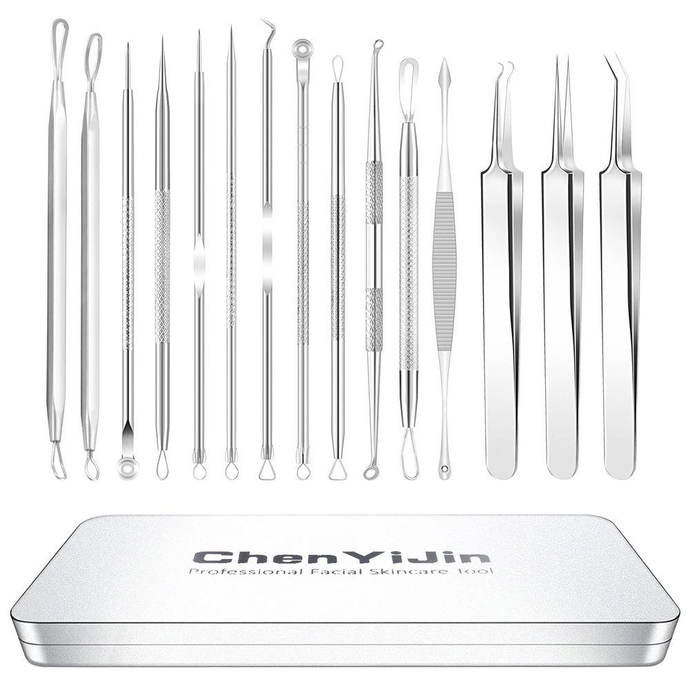 15 PCS Blackhead Remover Pimple Popper Tool Kit,Black Head Removal Extractor for Acne Comedone Whitehead Popping Zit Blemish Facial Skin Care Tools with Metal Case