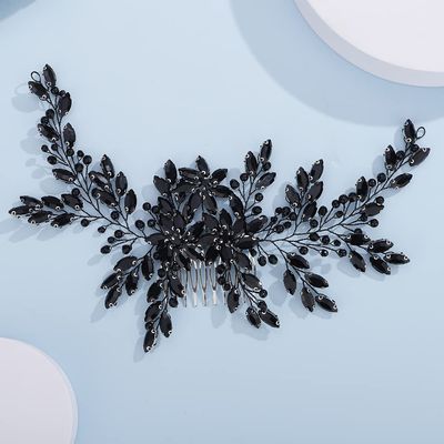 Teyglen Women Luxurious Bridal Hair Accessories - Dainty Large Crystal Pearl Flower Headband, Shiny Rhinestone Side Combs for Brides and Girls (Black)