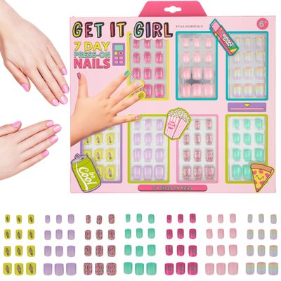 7 Day Manicure Collection - 84PC Press On Nail Set, Day-Of-The-Week Adhesive False Nails for Girls (GET IT GIRL Collection)  Colorful Novelty Designs Stick On Nails For Kids