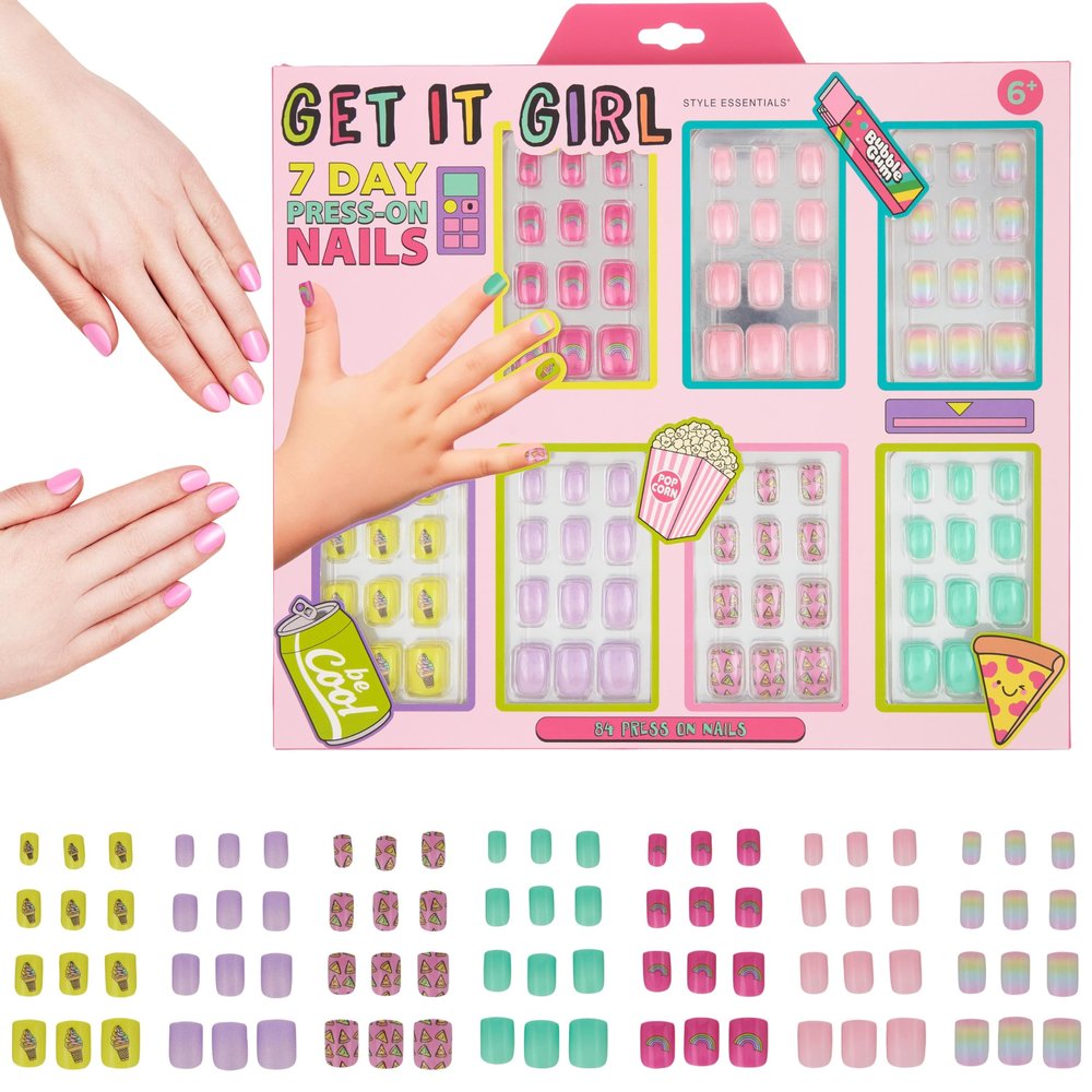 7 Day Manicure Collection - 84PC Press On Nail Set, Day-Of-The-Week Adhesive False Nails for Girls (GET IT GIRL Collection)  Colorful Novelty Designs Stick On Nails For Kids