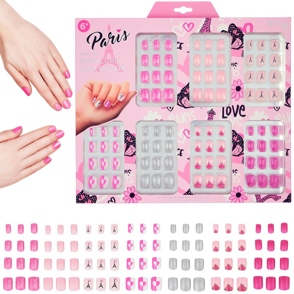 7 Day Manicure Collection - 84PC Press On Nail Set, Day-Of-The-Week Adhesive False Nails for Girls (PARIS LOVE Collection) Colorful Novelty Designs Stick On Nails For Kids