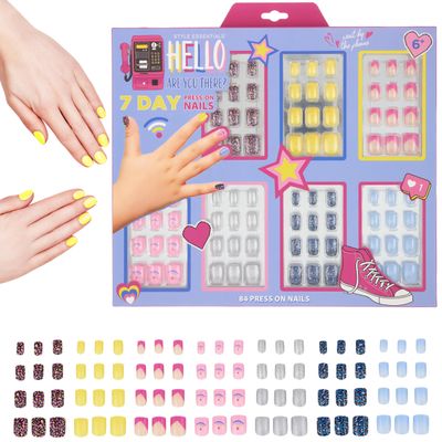 7 Day Manicure Collection - 84PC Press On Nail Set, Day-Of-The-Week Adhesive False Nails for Girls (HELLO THERE Collection)  Colorful Novelty Designs Stick On Nails For Kids