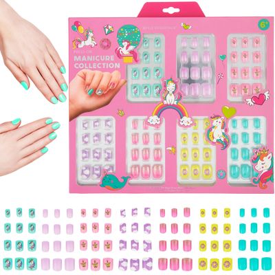 7 Day Manicure Collection - 84PC Press On Nail Set, Day-Of-The-Week Adhesive False Nails for Girls (UNICORN PARTY Collection)  Colorful Novelty Designs Stick On Nails For Kids
