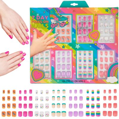 Expressions 7 Day Manicure Collection by Style Essentials - 84PC Press On Nail Set, Day-Of-The-Week Adhesive False Nails for Girls (BRIGHT RAINBOW Collection)  Colorful Novelty Designs Stick On Nails