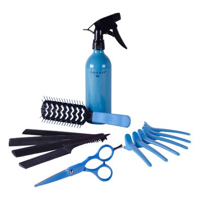 Cricket High Voltage Shear Kit 5.5 Haircutting Shears, Carbon Comb 4 Pack, Aluminum Spray Bottle, Static Free Fast Flo Vent Brush UltraClean ProClips 6 PK, Value Kit ($103.14 Value), Neon Blue