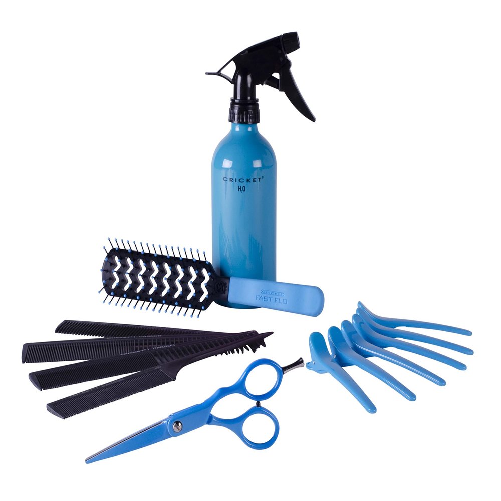 Cricket High Voltage Shear Kit 5.5 Haircutting Shears, Carbon Comb 4 Pack, Aluminum Spray Bottle, Static Free Fast Flo Vent Brush UltraClean ProClips 6 PK, Value Kit ($103.14 Value), Neon Blue