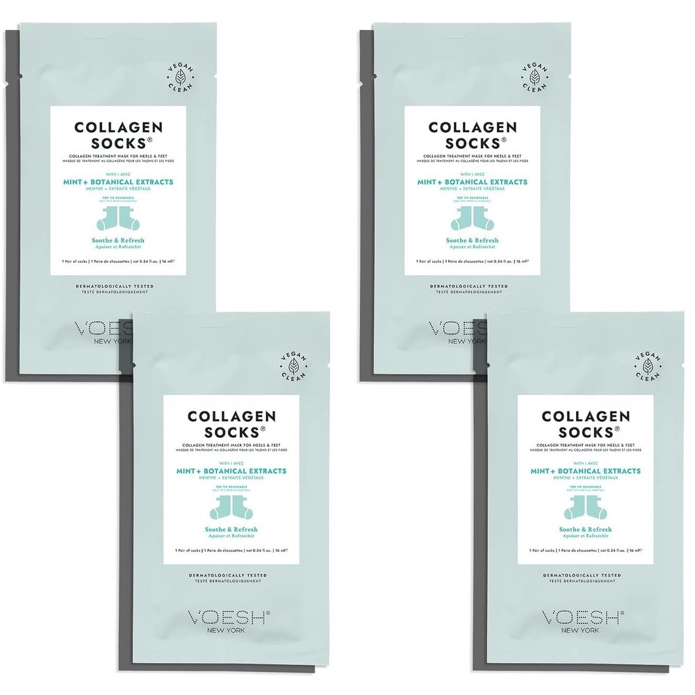 VOESH Collagen Socks, Collagen Socks for Dry Feet, 4 Pack, Peppermint Oil, Cracked Heel Repair, Moisturizing Socks, Spa Pedicure Treatment, Spa Socks, Foot Peel Masks, Vegan