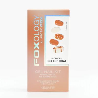 Foxology Semi Cured Gel Nail Strips Kit, Vegan & Cruelty Free, Glossy Orange Floral & Plaid, Includes 30 Nail Strips, Gel Top Coat, Prep Pad, Cuticle Stick, Nail File, DIY Manicure - Tangerine Mode