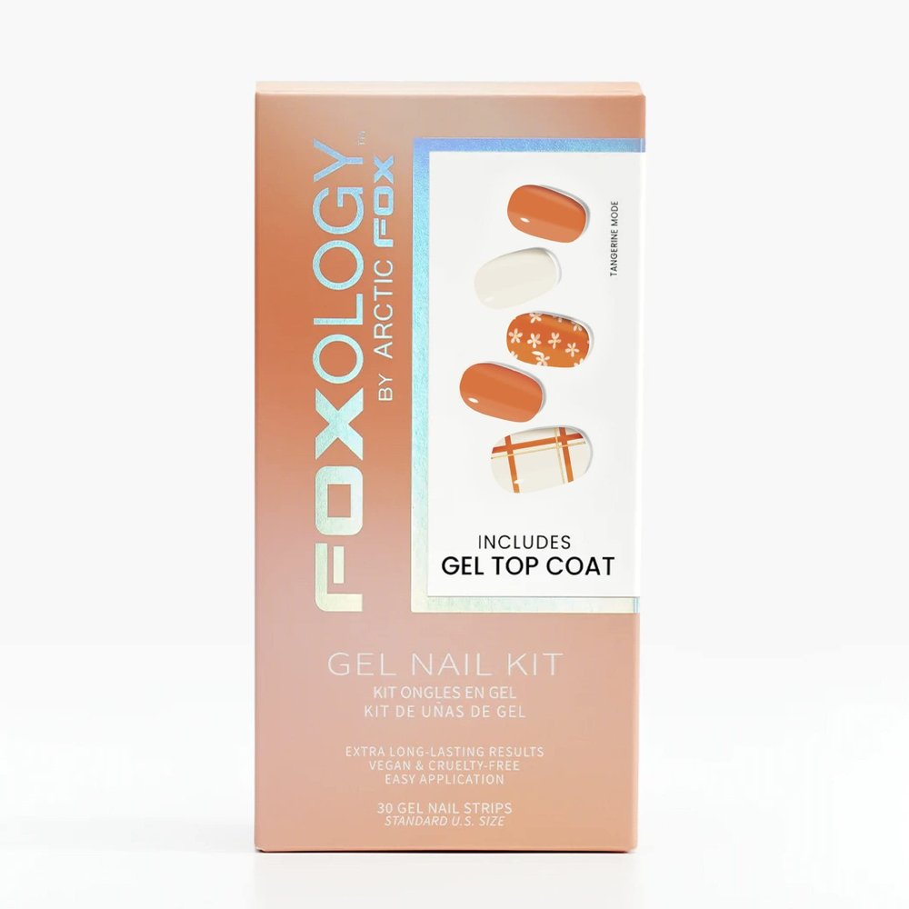 Foxology Semi Cured Gel Nail Strips Kit, Vegan & Cruelty Free, Glossy Orange Floral & Plaid, Includes 30 Nail Strips, Gel Top Coat, Prep Pad, Cuticle Stick, Nail File, DIY Manicure - Tangerine Mode