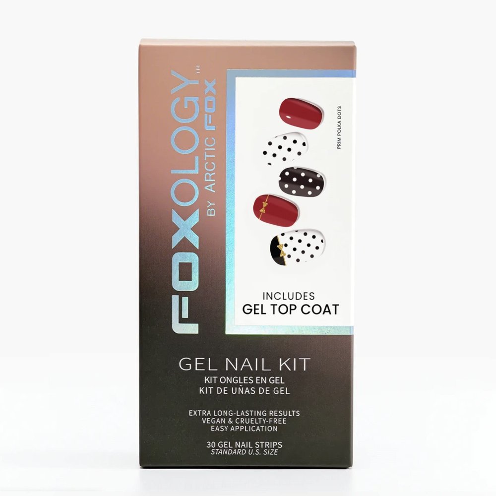 Foxology Semi Cured Gel Nail Strips Kit, Vegan & Cruelty Free, Glossy Red Polka Dot Design, Includes 30 Nail Strips, Gel Top Coat, Prep Pad, Cuticle Stick, Nail File, DIY Manicure, 1 Count