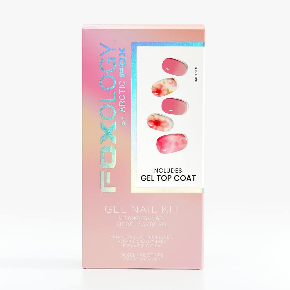 Foxology Semi Cured Gel Nail Strips Kit, Vegan & Cruelty Free, Glossy Pink Floral, Includes 30 Nail Wraps, Gel Top Coat, Prep Pad, Cuticle Stick, Nail File, DIY Manicure, Long Lasting, 1 Count