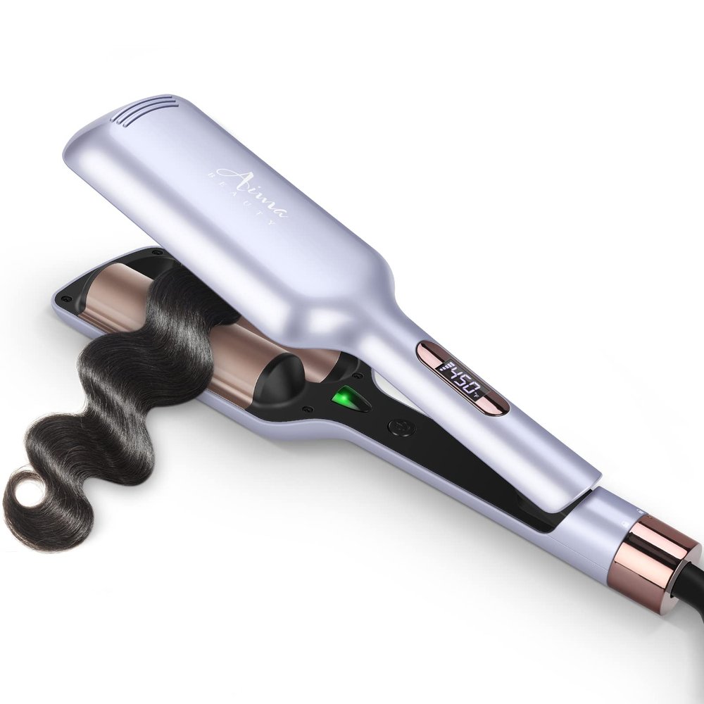 32mm Aima Beauty 2 Barrel Curling Wand Big Wave Mermaid Hair Waver, Anti-Scald Curling Iron, Negative Ionic Emitter Lock Moisture Worldwide Dual Voltage Medium/Long Hair (Purple)