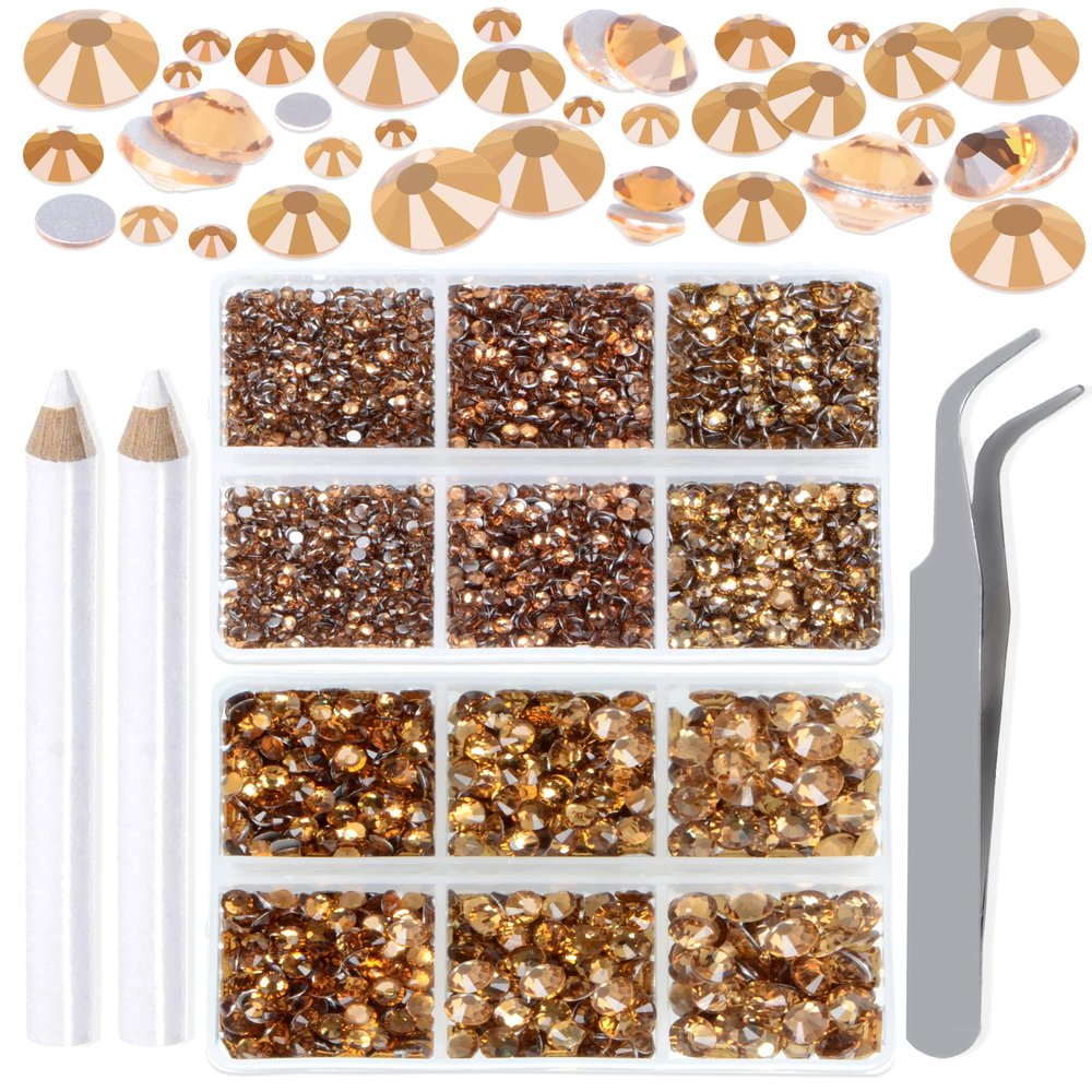 LPBeads 6000 Pieces Lt Topaz Non Hotfix Rhinestones 6 Sizes Round Crystal Glass Flat Back Rhinestones with Tweezers and Picking Pen for Nail Art Crafts Clothes Bags DIY