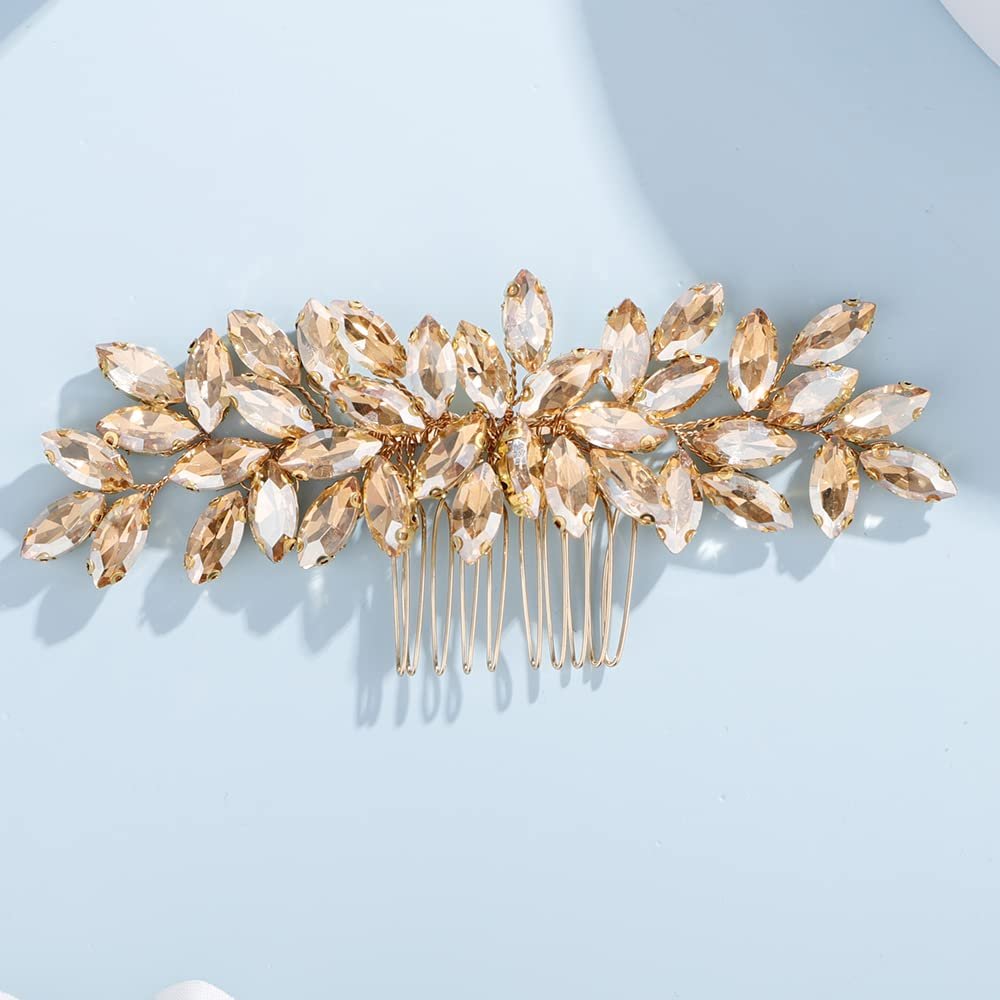 Teyglen Women Dainty Rhinestone Hair Comb - Luxurious Shiny Champagne Bridal Side Hair Accessory for Brides and Girls