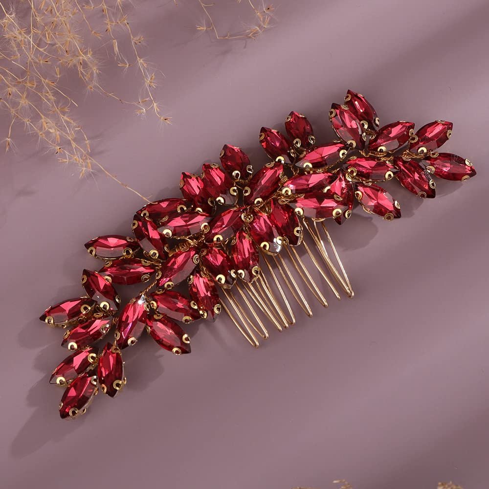 Teyglen Women Dainty Simple Full Rhinestones Hair Comb, Wine Red, 15 *6cm/5.9 *2.36 inches, Alloy+Rhinestones, 1 Count, for Women Bride Girls and Special Occasions