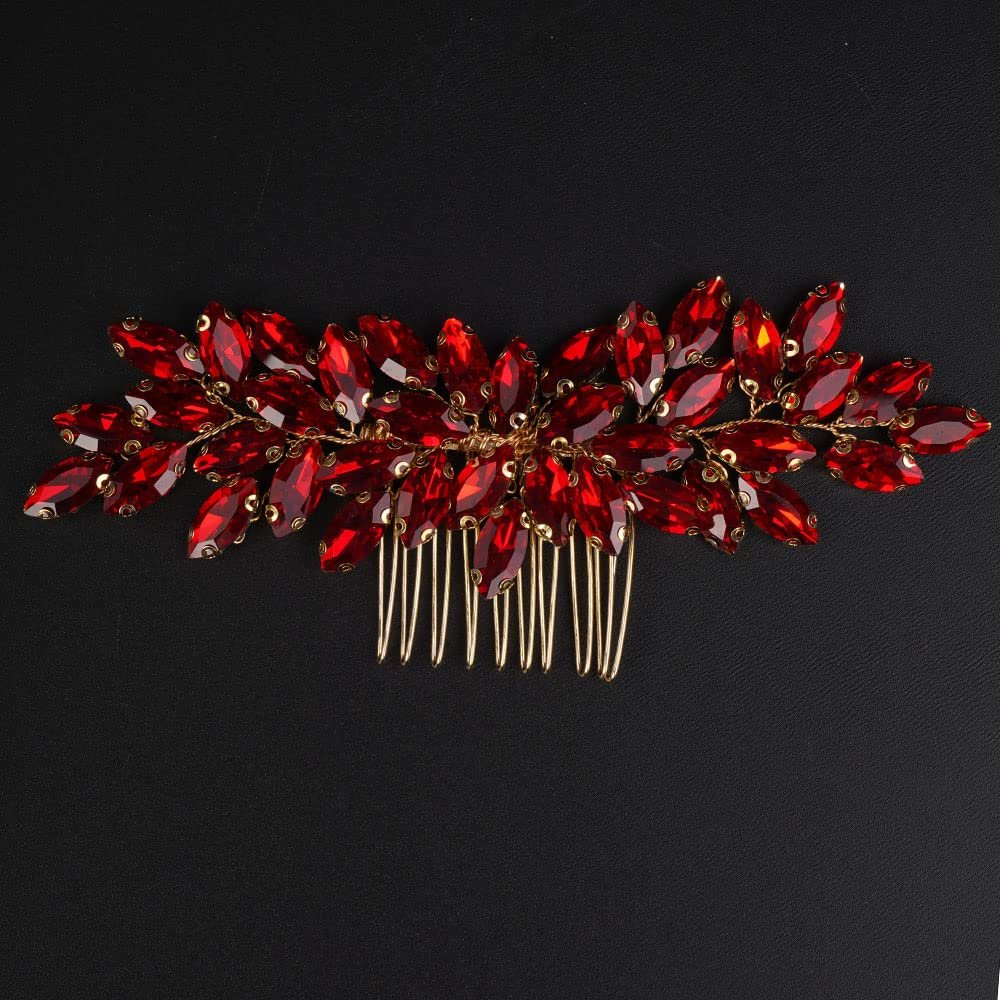 Teyglen Dainty Simple Full Red Rhinestones Bride Wedding Hair Comb Luxurious Hair Accessories Shiny Rhinestones Bridal Side Hair Combs for Women Bride Girls (Red)