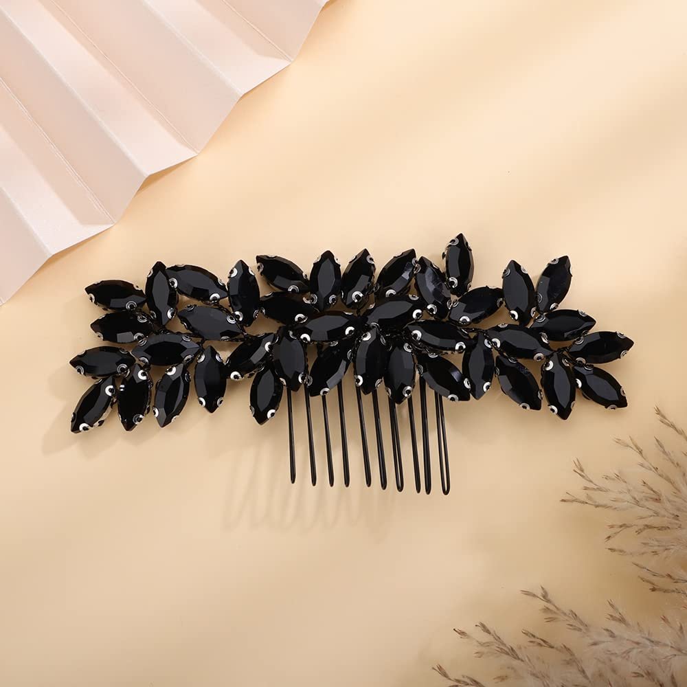 Teyglen Women Dainty Simple Black Rhinestones Bride Wedding Hair Comb Luxurious Hair Accessories Shiny Rhinestones Bridal Side Hair Combs for Women Bride Girls (Black)