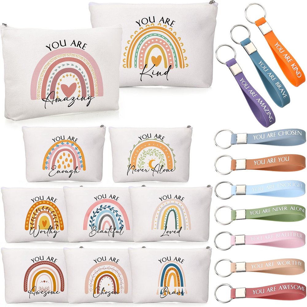 Inbagi 10 Set Inspirational Thank You Gifts Bulk for Women with 10 motivational Keychains and 10 Make up Bags for Christmas Coworker Employee Appreciation gifts