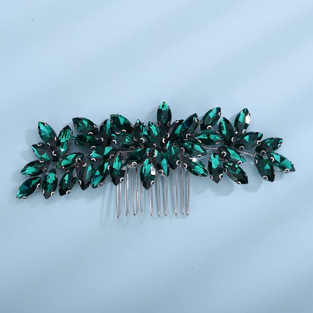 Teyglen Women's Dainty Simple Rhinestone Hair Comb - Luxurious Shiny Bridal Side Hair Accessory for Weddings (Silver-Green)
