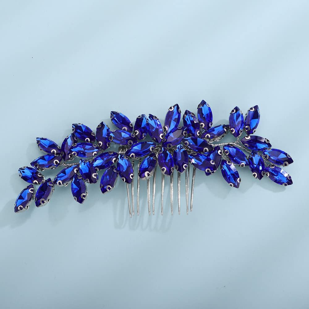 Teyglen Women Dainty Simple Blue Rhinestones Bridal Hair Comb Luxurious Shiny Hair Accessory for Bride and Girls