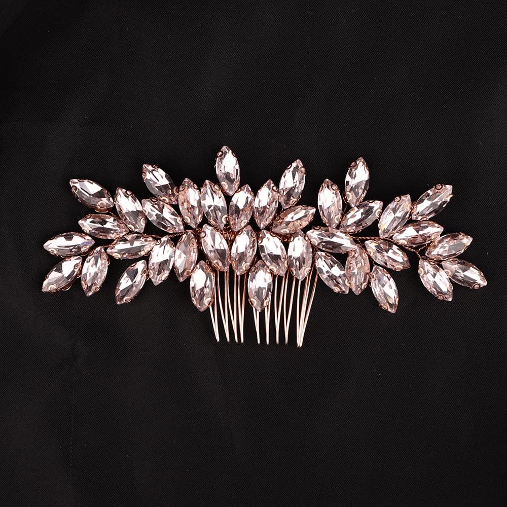 Teyglen Hair Comb, Rhinestone Crystal Hair Comb Headpiece for Women, Wedding Party Prom, Rose Gold-Pink Rhinestones Hair Piece, Size 15 *6cm/5.9 *2.36 inches, Alloy+Rhinestones, 1 Count