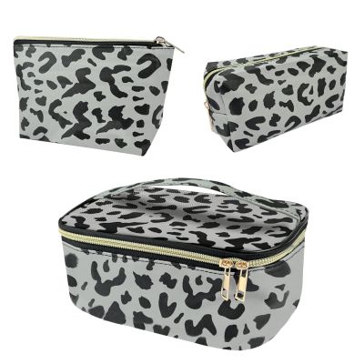 Deokke 3Pcs Makeup Bag,Travel Makeup Bag,Makeup Bags for Women,Makeup Brush Bag,Large Capacity PU Cosmetic Bag,Waterproof and Durable-Gray Leopard Cheetah Pattern