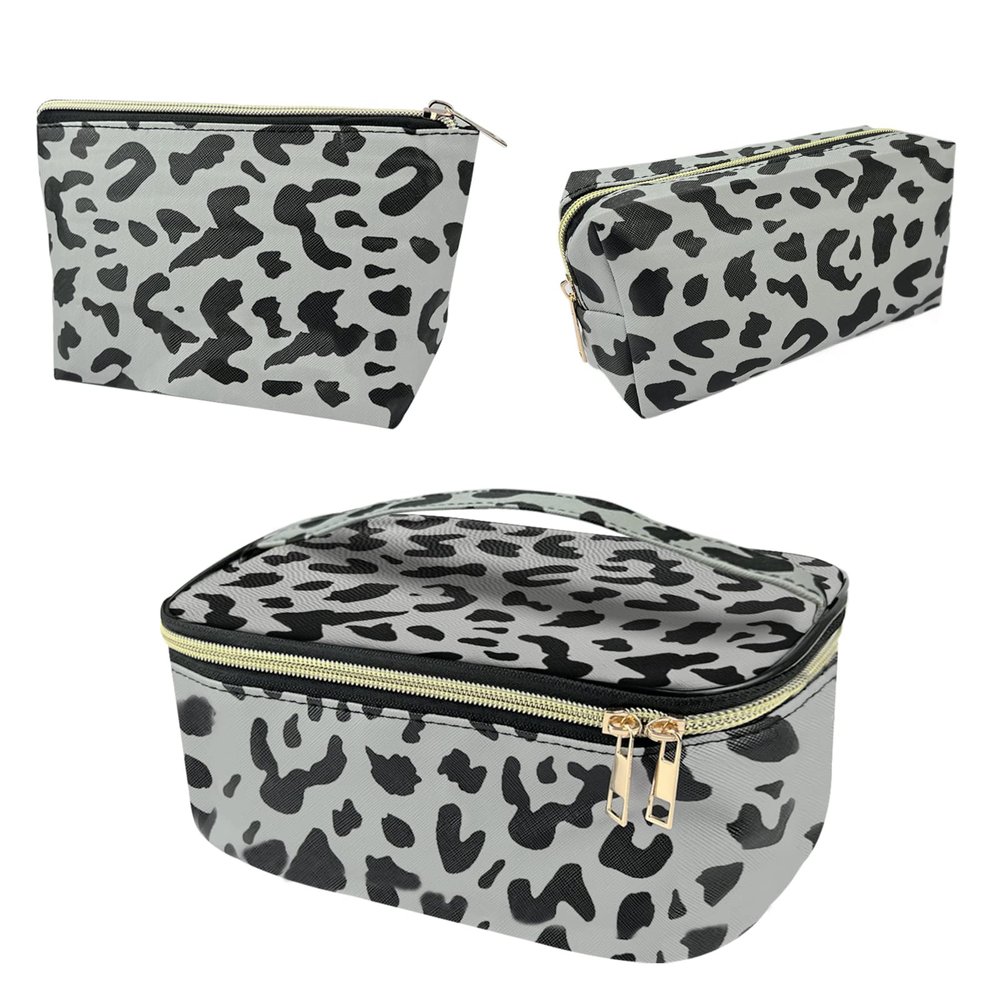 Deokke 3Pcs Makeup Bag,Travel Makeup Bag,Makeup Bags for Women,Makeup Brush Bag,Large Capacity PU Cosmetic Bag,Waterproof and Durable-Gray Leopard Cheetah Pattern