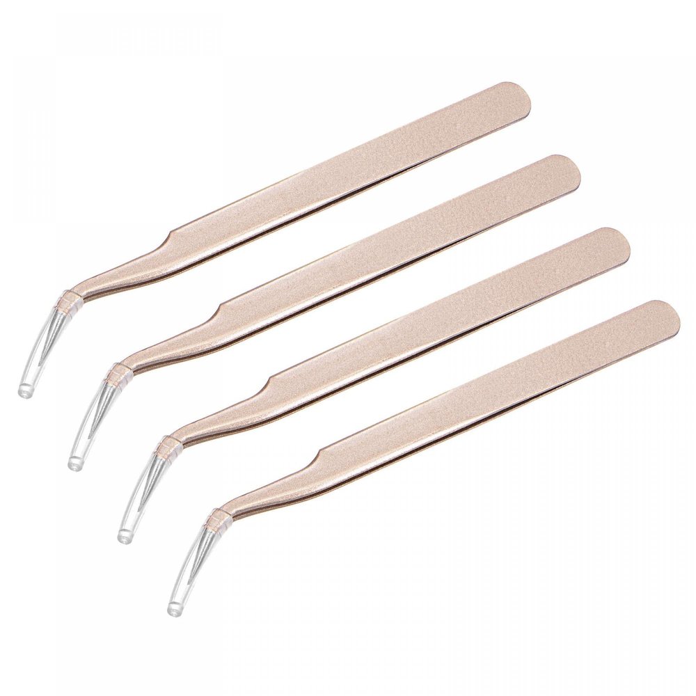 uxcell Non-magnetic Curved Tip Tweezer Anti-static Stainless Steel Precision Tweezer for Eyelash Extensions Volume Champagne 4Pcs