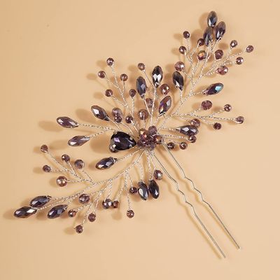 Teyglen Bridal Rhinestones Hair Pins Rhinestones Crystals Wedding Bride Hair Accessories Silver Purple Blue Bridal Hair Pieces for Women (Purple)