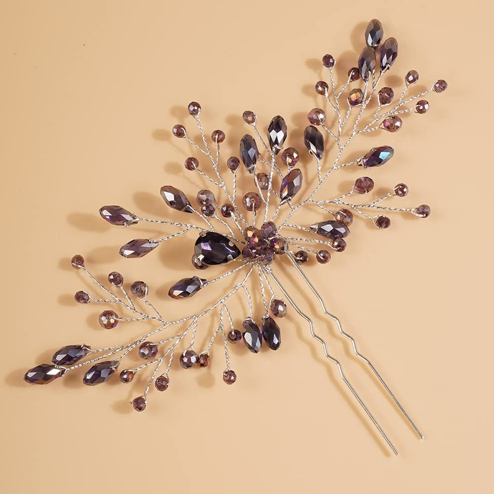 Teyglen Bridal Rhinestones Hair Pins Rhinestones Crystals Wedding Bride Hair Accessories Silver Purple Blue Bridal Hair Pieces for Women (Purple)